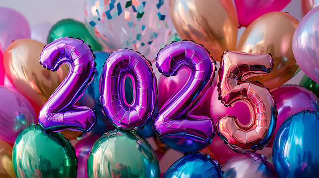 2025 written with colorful foil balloon numbers, confetti, and colorful balloons on a black background
