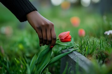 Poster - A close-up of a hand interacting with a red tulip, highlighting the grace and serenity in this touching moment. The image exemplifies harmony between humans and nature.