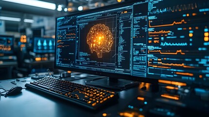 Poster - Digital Brain Neural Network Interface Dashboard with Futuristic HUD Analytics and Visualization on Computer Screen Representing Intelligence,Big Data and Advanced Technology