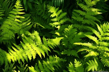 Bright green ferns cover the ground, beautifully illuminated by sunlight, showcasing their intricate patterns and lush texture, creating a serene natural landscape.