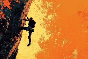 Climber Ascending a Rocky Cliff with a Vibrant Orange Sky Background