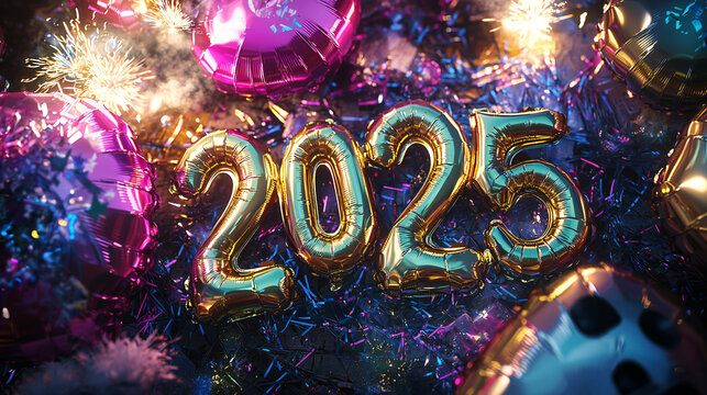 2025 written with colorful foil balloon numbers, confetti, and colorful balloons on a black background