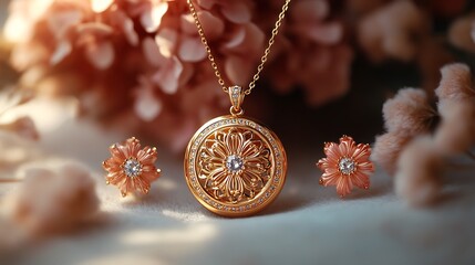 Poster - Elegant 3D gold locket intricate gemstone details paired with matching earrings and a sleek necklace set against a soft minimalistic backdrop for a modern and luxurious aesthetic