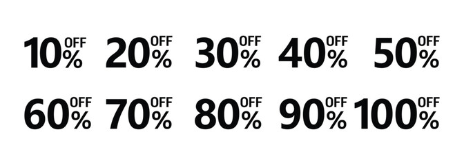Poster - 10 to 100 off percentage signs with numbers. Realistic symbol for sale and discounts from 10 - 100 percent, trendy abstraction for your advertising.