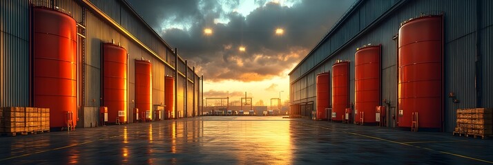 Poster - Dramatic sunset sky with orange and red clouds casting a warm glow over the industrial warehouse facility with cargo loading docks and freight transportation equipment.