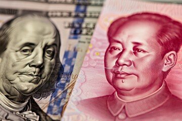 US Dollar vs Chinese Yuan, Banknotes Face Off, Representing International Currency Competition