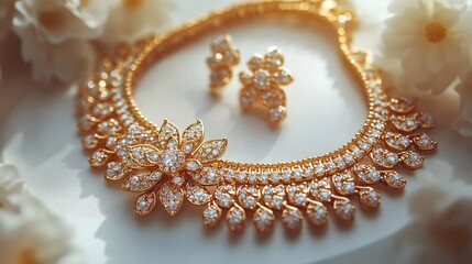 Poster - Elegant 3D gold necklace diamond earrings crafted with intricate detail and displayed on a pristine white background for a luxurious and refined jewelry showcase