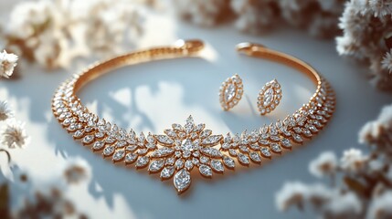 Poster - Elegant 3D gold necklace diamond earrings crafted with intricate detail displayed on a clean white background for a refined and luxurious jewelry set
