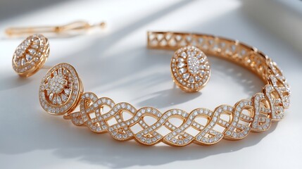 Poster - Elegant 3D gold necklace diamond earrings crafted with intricate detail displayed on a clean white background for a refined and luxurious jewelry set