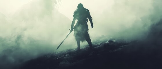 A dark, mysterious figure stands shrouded in mist, wielding a weapon, evoking a sense of intrigue and adventure.