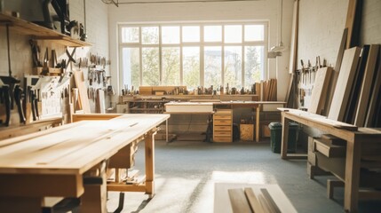 Aufkleber - A serene woodworking studio with woodworking tools and timber, Woodworking tools arranged in a well-lit workshop, Contemporary workshop style