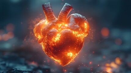 Fototapete - Fiery Heart - Dramatic digital depicting a burning,glowing heart symbol with intense flames,embers,and radiant energy,symbolizing the power of passion,love,and fiery emotions.