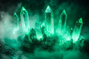 Poster - Vibrant green crystal structures are beautifully illuminated by a surrounding glowing mist, creating a captivating and mystical visual experience.