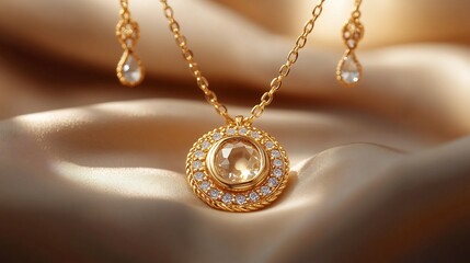 Fototapete - elegant 3d gold necklace a shimmering stone locket complemented by matching earrings suspended on a 