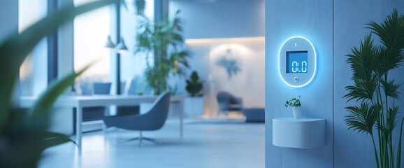Poster - A modern digital thermostat with a blue backlight mounted on a white wall in a contemporary living room.