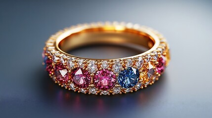 Poster - Elegant 3D gold ring sparkling gemstones set on a minimalist gradient background the simplicity of the setting highlighting the opulence of the gold and gems