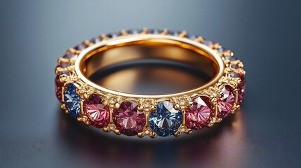 Poster - Elegant 3D gold ring sparkling gemstones set on a minimalist gradient background the simplicity of the setting highlighting the opulence of the gold and gems