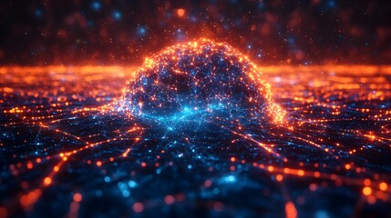 Poster - Futuristic digital visualization of a vibrant,glowing orb or sphere radiating with intense cosmic energy and luminous particles.