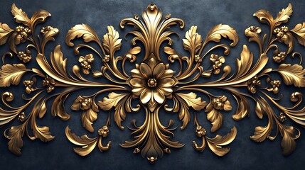 Poster - Elegant Baroque ornamentation swirling golden floral patterns and intricate leaf filigree arranged in a luxurious 3D design set against a minimalist background for a vintage look
