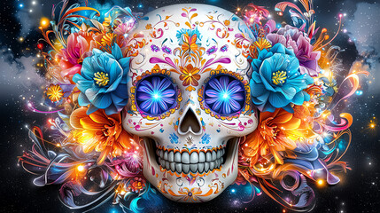 Vibrant glowing sugar skull with electric blue and purple floral accents in cosmic background