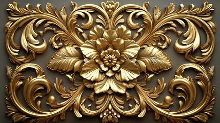 Poster - Elegant Baroque ornamentation swirling golden floral patterns and intricate leaf filigree arranged in a luxurious 3D design set against a minimalist background for a vintage look