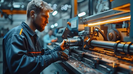 A lathe operator working on a lathe in a workshop at a factory. A man is making a part on a lathe