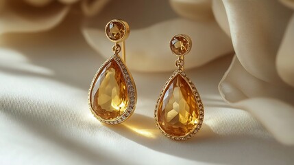 Poster - Elegant gold drop earrings teardropshaped gemstones resting on a clean minimalistic background showcasing their delicate design and luxurious appeal