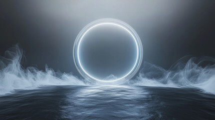blue neon circle with a light on a gray background.