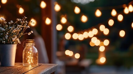 Poster - Cozy outdoor ambiance with lights, jar, and flowers, perfect for evening gatherings.