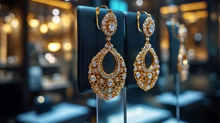Poster - Elegant gold earrings intricate filigree and diamondencrusted patterns displayed in a luxury boutique setting with a minimalist aesthetic