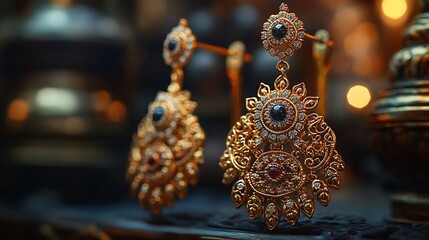Fototapete - Elegant gold earrings intricate filigree and diamondencrusted patterns displayed in a luxury boutique setting with a minimalist aesthetic