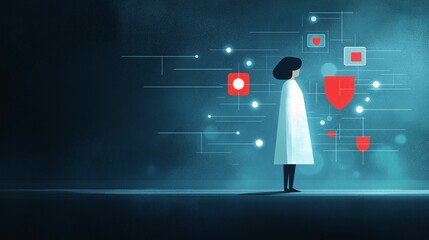 Poster - Digital Health Guardian: A stylized illustration of a female scientist, standing against a futuristic backdrop of digital health icons and a protective shield.