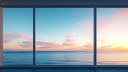 Wall Mural - Ocean View from Modern Window at Dawn. Large window with sea and sky gradient. Interior design and peaceful living concept