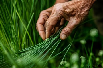 Hands conscientiously gathering vibrant green chives, highlighting the artistry and attention to detail involved in sustainable herb cultivation and harvesting.