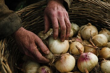 Close-up of aged hands sorting and organizing yellow onions in a rustic woven basket, highlighting the earthy essence and authenticity of traditional farming methods.