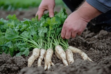 Careful hands expertly pull fresh, white parsnips from loose, earthy soil, capturing the essence of harvesting roots and traditional agricultural methods.