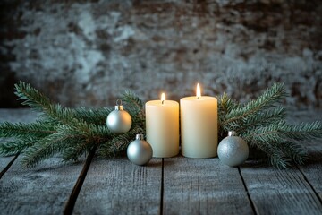 Poster - Two large candles surrounded by pine branches and silver ornaments, creating a serene and festive atmosphere, perfect for holiday decoration and winter coziness.