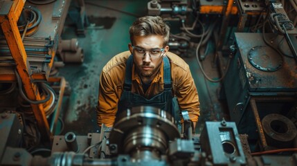 A lathe operator working on a lathe in a workshop at a factory. A man is making a part on a lathe