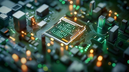 Poster - The Heart of Innovation: A close-up, 3D rendering of a glowing, illuminated processor chip at the center of a complex, futuristic motherboard.