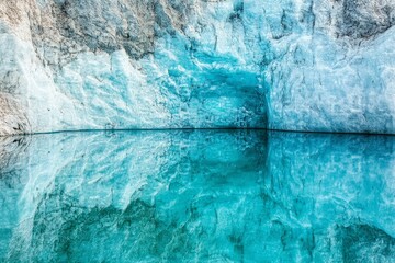 Poster - A tranquil blue glacier reflects perfectly in the still waters, surrounded by rocky terrain, illustrating nature's serene beauty and serene wilderness landscapes.