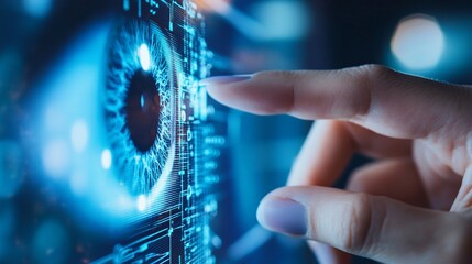 Poster - A woman's finger touches a digital eye iris scan on a screen.