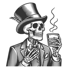 Wall Mural - skeleton wearing a top hat and bow tie, holding a glass of whiskey with a sophisticated and stylish demeanor sketch engraving generative ai raster illustration. Black and white image.