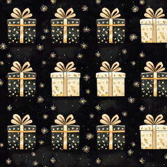 Seamless festive pattern with black and gold gift boxes adorned with stars and ribbons on a dark background.