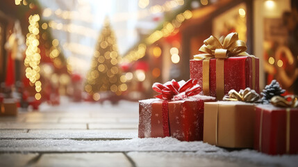 Wall Mural - festive christmas scene with beautifully wrapped gifts on snowy street, surrounded by twinkling ligh