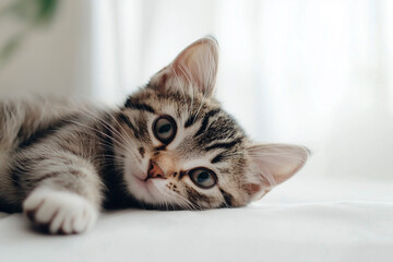 a little cat on a white background lying down paws forward