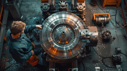 A lathe operator working on a lathe in a workshop at a factory. A man is making a part on a lathe