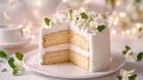 Elegant wedding cake slice adorned with delicate icing and beautiful floral decorations, showcasing a moist, delicious treat.