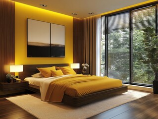 A modern women bedroom with mustard walls, dark wood accents, and minimalist decor for a sleek and sophisticated look