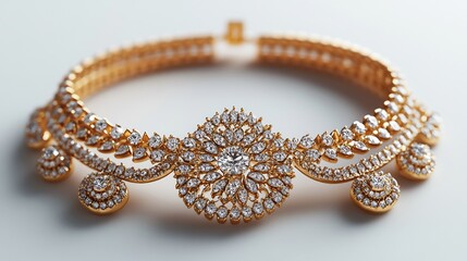 Poster - Exquisite 3D gold jewelry set featuring diamondstudded necklace and matching earrings displayed on a clean white background for a regal and elegant look