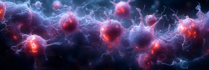 Poster - Microscopic particles swirling in a cyberpunk-inspired digital the intricate and dynamic nature of molecular science and research.